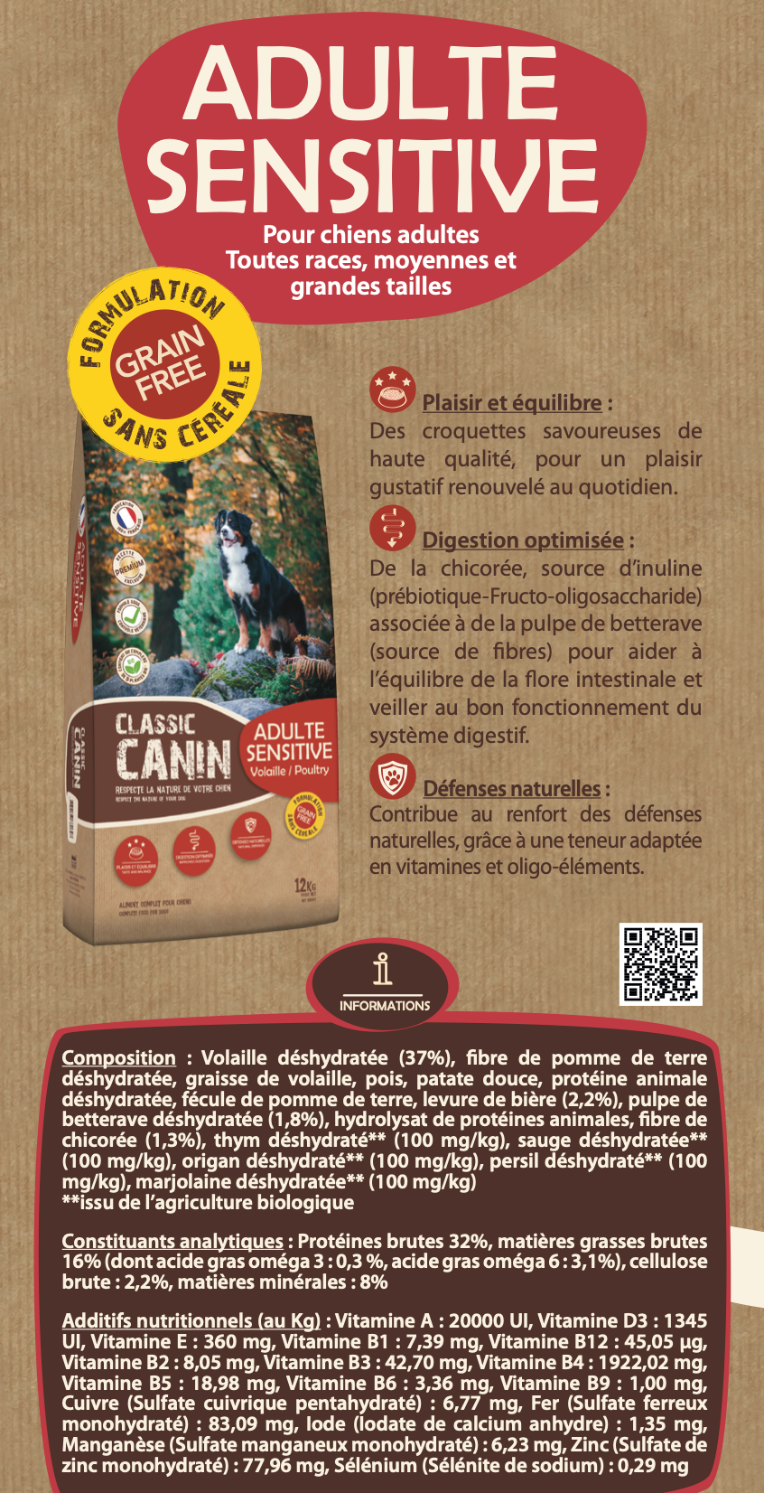 Croquettes CLASSIC CANIN Adulte Sensitive 12 Kg – SANS CÉRÉALES - Recette volaille hypo-digestible 32/16 avec plantes - Pavllove