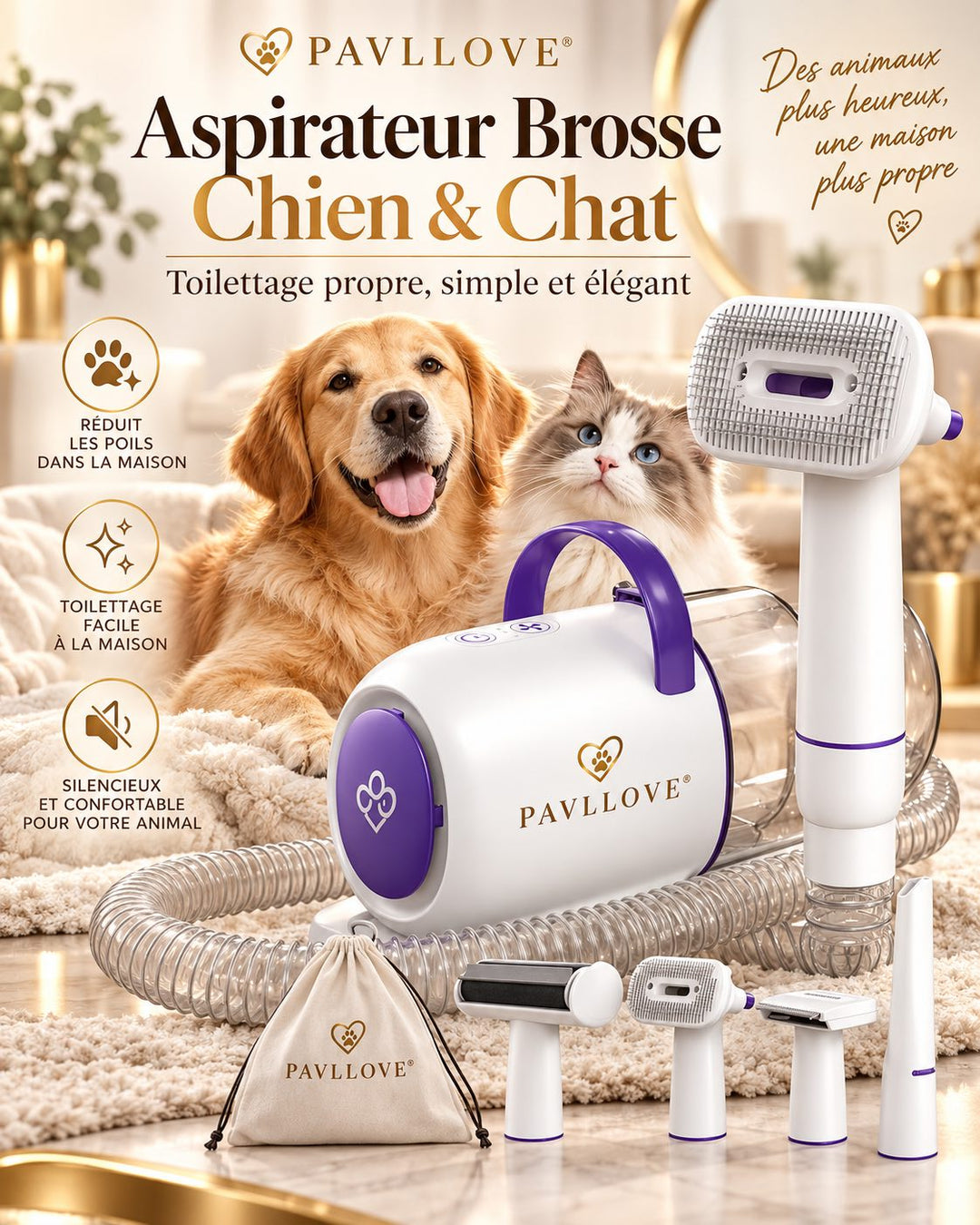 Femme utilisant un aspirateur brosse pour toiletter un Golden Retriever et aspirer directement les poils morts pendant le brossage