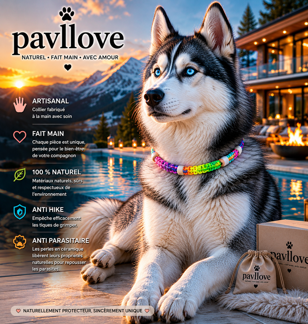 Colliers Fluos multicolor Anti-Tiques & Antiparasitaire Naturel, Perles de Céramique EM (Gamme Tréssée) ⭐⭐⭐⭐⭐ - Pavllove