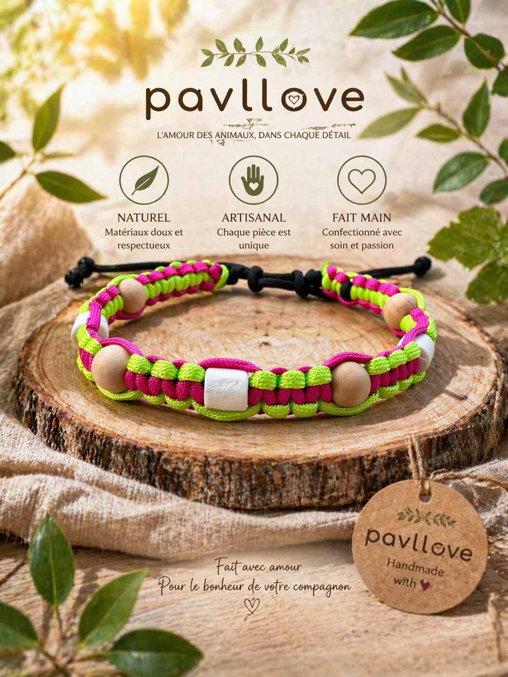 Collier Fluo Jaune & Rose Anti-Tiques & Antiparasitaire Naturel (Tréssée) avec Perles de céramique EM ⭐⭐⭐⭐⭐ - Pavllove