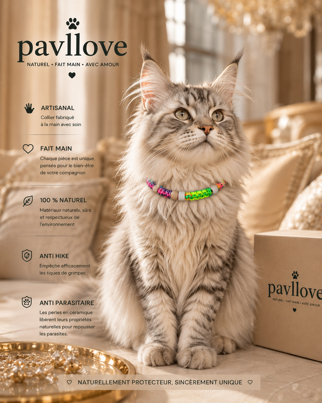 Collier Anti-Tiques & Antiparasitaire Naturel Chien et Chat, Fait Main en France, Perles de Céramique EM