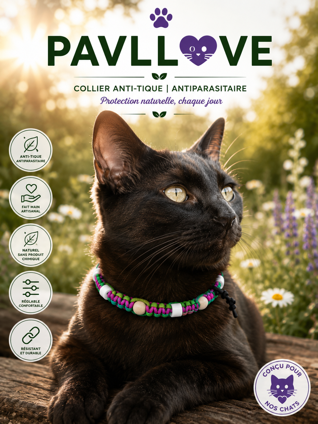Colliers Vert & Rose Anti-Tiques & Antiparasitaire Naturel, Perles de Céramique EM (Gamme Tréssée) ⭐⭐⭐⭐⭐ - Pavllove