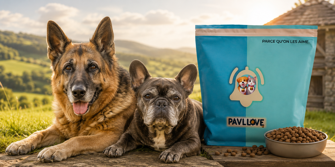 Croquettes chien senior premium PAVLLOVE fabriquées en Auvergne, recette équilibrée avec glucosamine, chondroïtine et oméga 3.