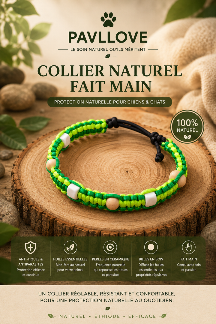 Colliers Vert Anti-Tiques & Antiparasitaire Naturel (Tréssée) avec Perles de céramique EM ⭐⭐⭐⭐⭐ - Pavllove