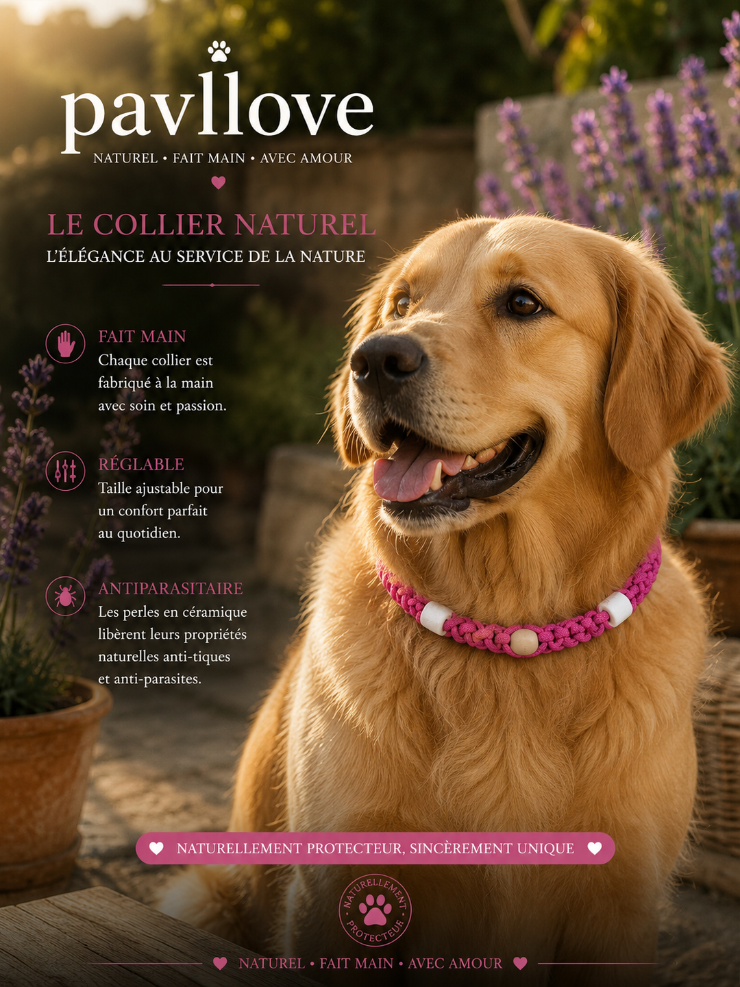 Collier Rose foncé Torsadé Anti-Tiques Naturel, Antiparasitaire avec Perles de Céramique EM ⭐⭐⭐⭐⭐ - Pavllove