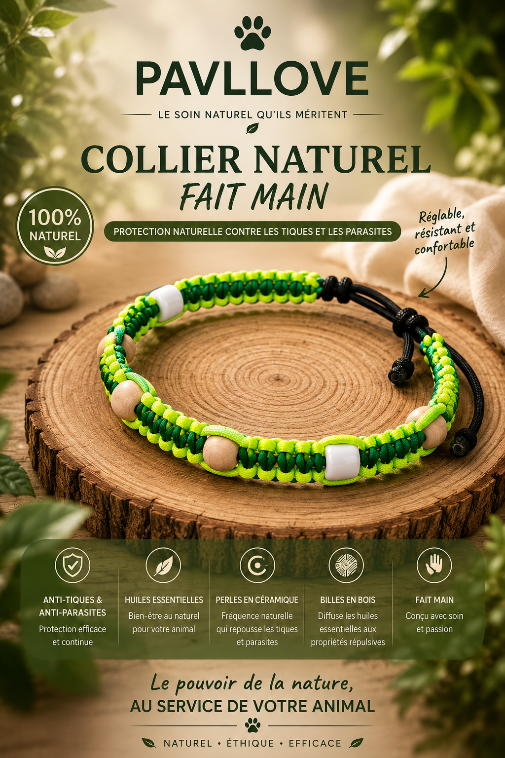 Colliers Vert Anti-Tiques & Antiparasitaire Naturel (Tréssée) avec Perles de céramique EM ⭐⭐⭐⭐⭐ - Pavllove