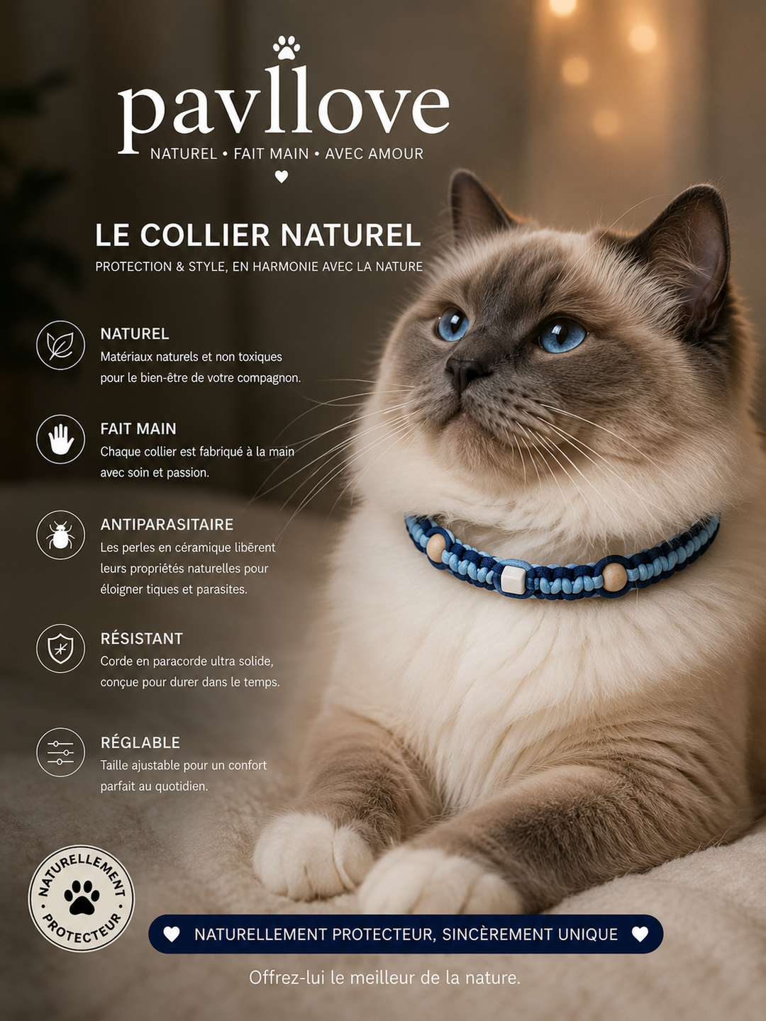 Collier Anti-Tiques & Antiparasitaire Naturel Chien et Chat, Fait Main en France, Perles de Céramique EM