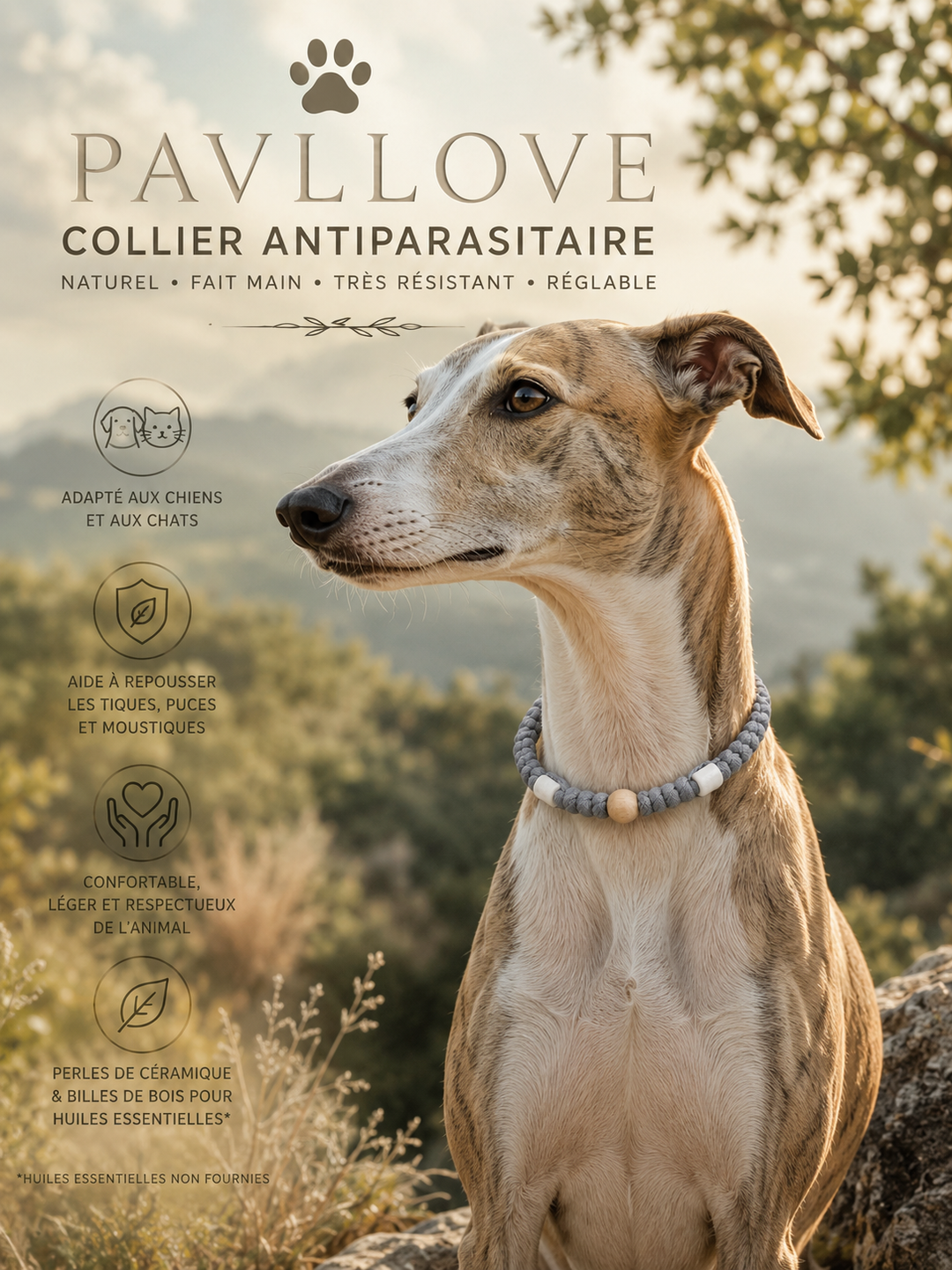 Collier Gris Torsadé Anti-Tiques Naturel, Antiparasitaire avec Perles de Céramique EM ⭐⭐⭐⭐⭐ - Pavllove