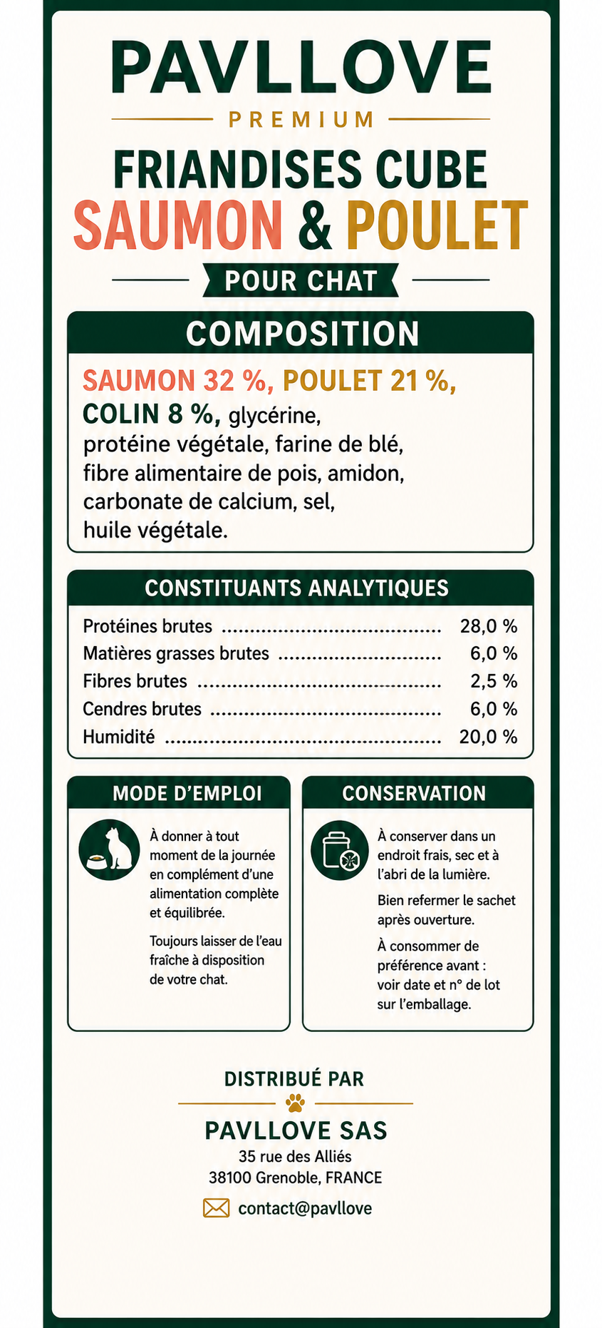 Friandises pour chat, cube de saumon et poulet. 
