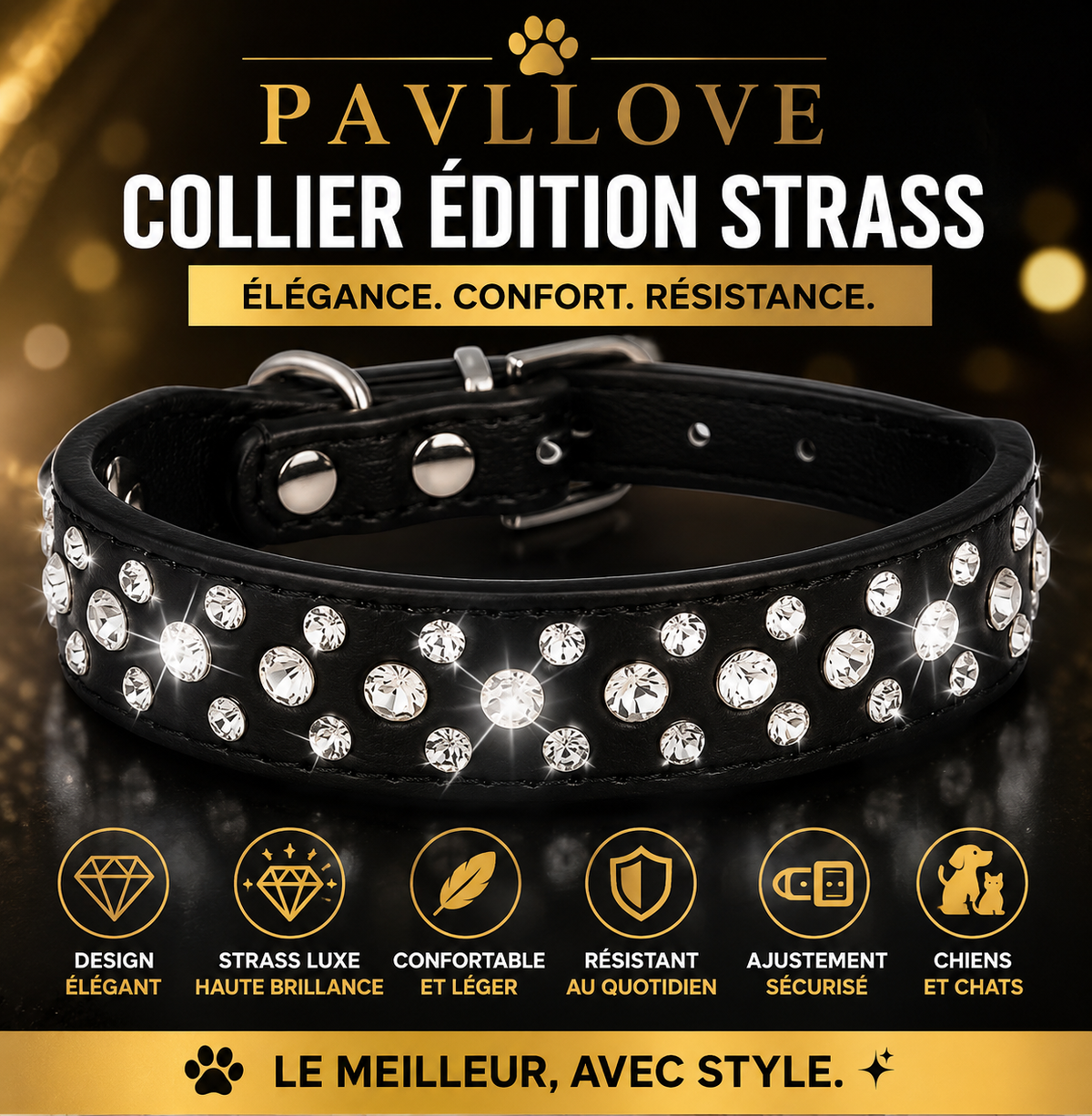 Collier Strass Noir – Chien & Chat | Élégant, Résistant & Confortable ⭐⭐⭐⭐⭐ - Pavllove