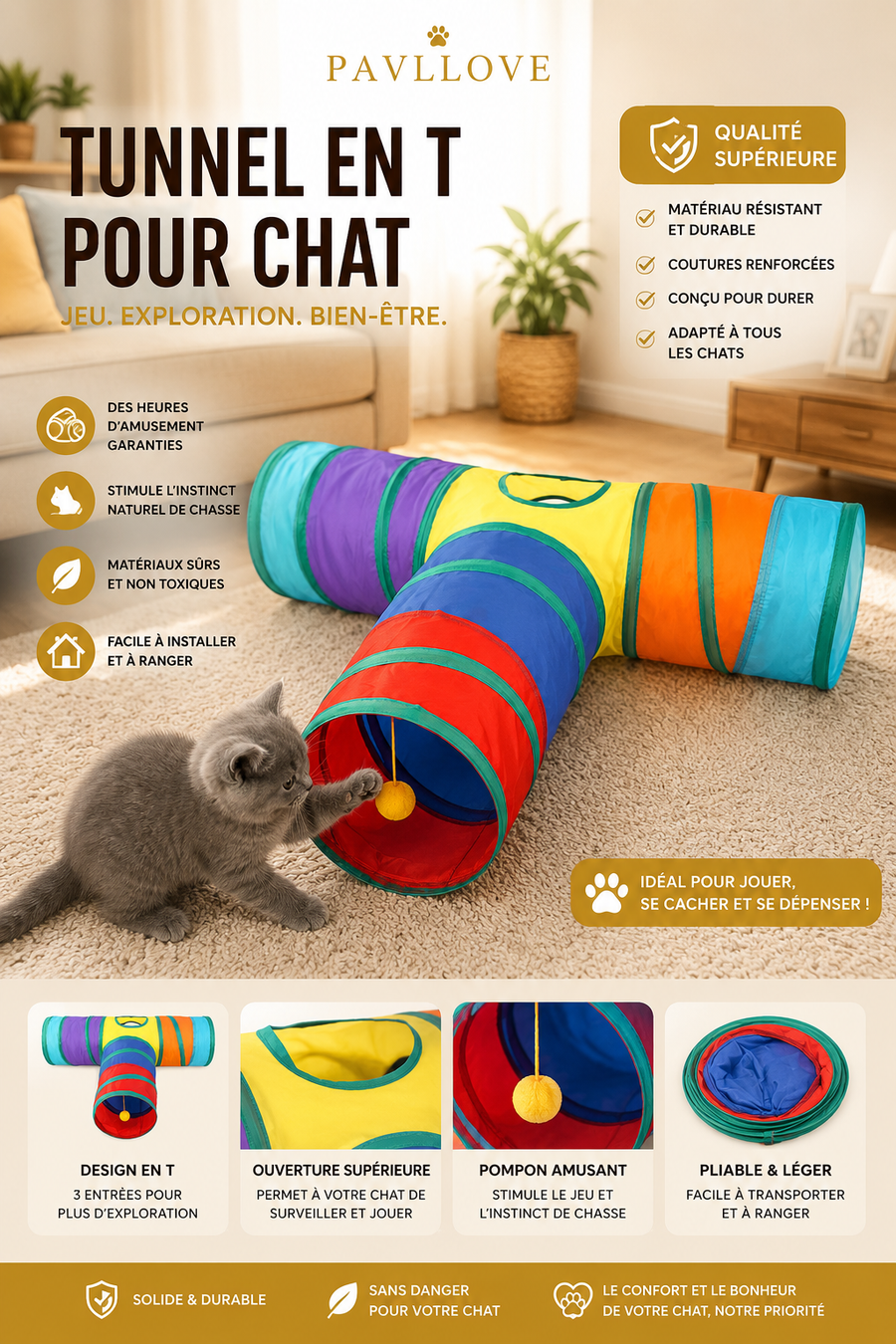 Tunnel pour Chat en Forme de T Arc-en-Ciel – Jouet Interactif Anti-Ennui, Polyester Écologique, Pliable & Durable ⭐⭐⭐⭐⭐ - Pavllove