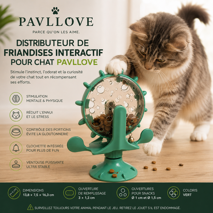 Distributeur de Friandises Interactif pour Chat – Anti-Ennui, Ventouse Antidérapante, Clochette Stimulante ⭐⭐⭐⭐⭐ - Pavllove
