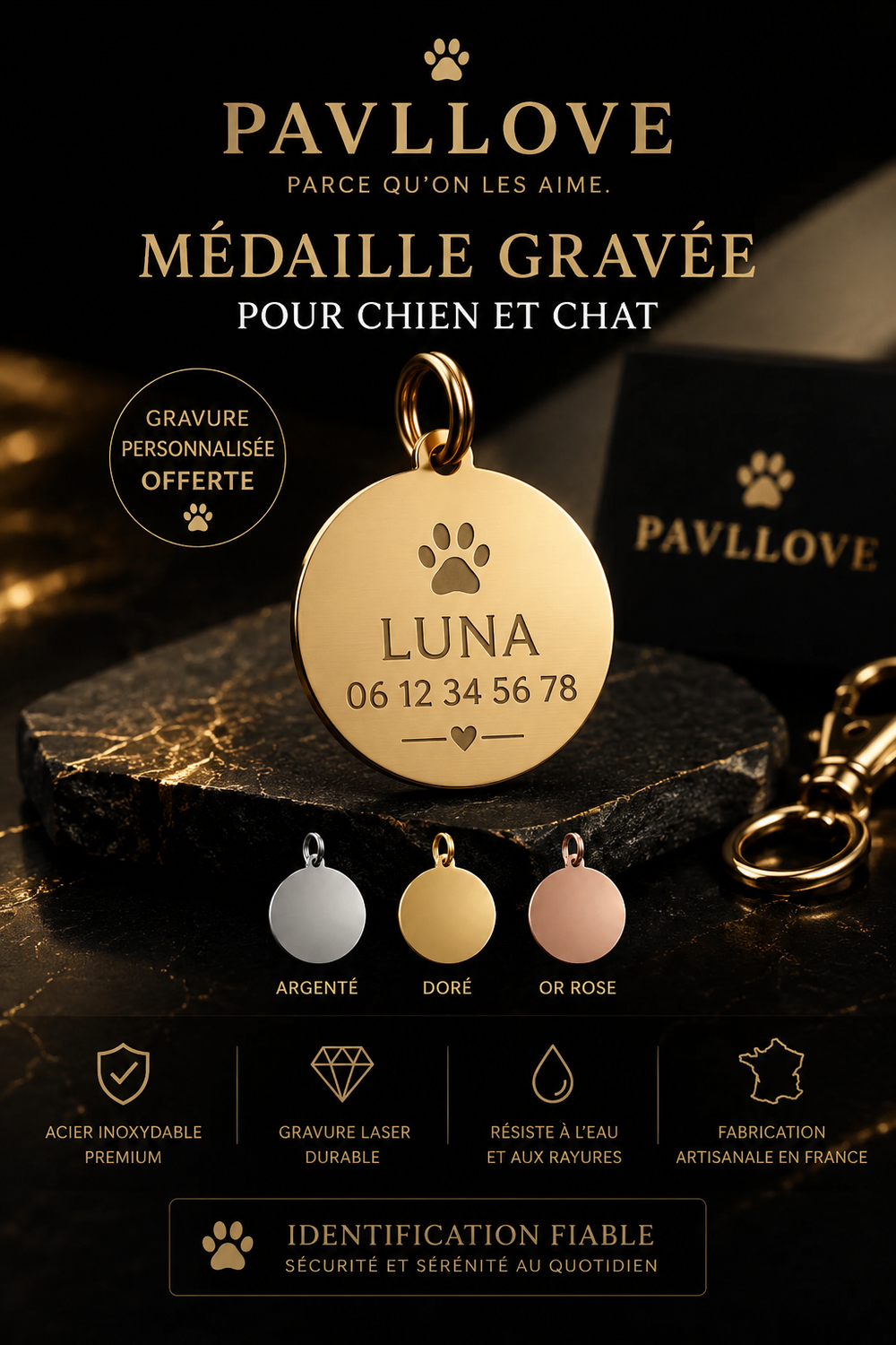 Médaillon Personnalisé Chien & Chat – Gravure Premium – Acier Inoxydable Doré / Argenté / Or Rosé – 30 mm ⭐⭐⭐⭐⭐ - Pavllove