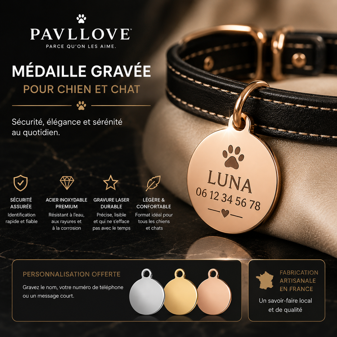 Médaillon Personnalisé Chien & Chat – Gravure Premium – Acier Inoxydable Doré / Argenté / Or Rosé – 30 mm ⭐⭐⭐⭐⭐ - Pavllove