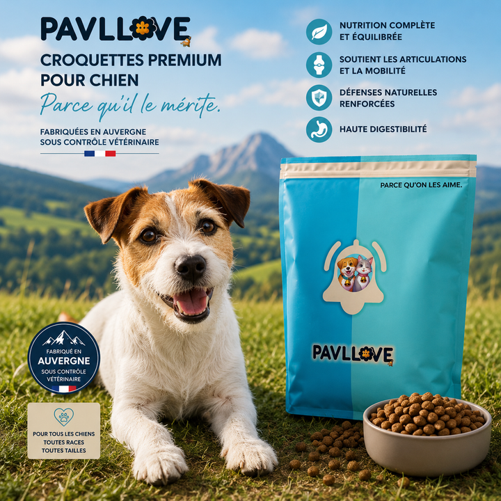 Croquettes françaises haut de gamme pour chien senior PAVLLOVE, alimentation complète à la volaille adaptée aux chiens âgés et stérilisés.
