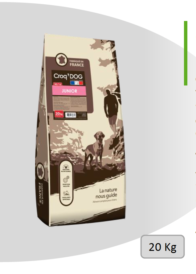 Croquettes CROQ’DOG 20 KG JUNIOR 30/16 – Croissance chiot & jeune chien, volaille haute digestibilité - Pavllove