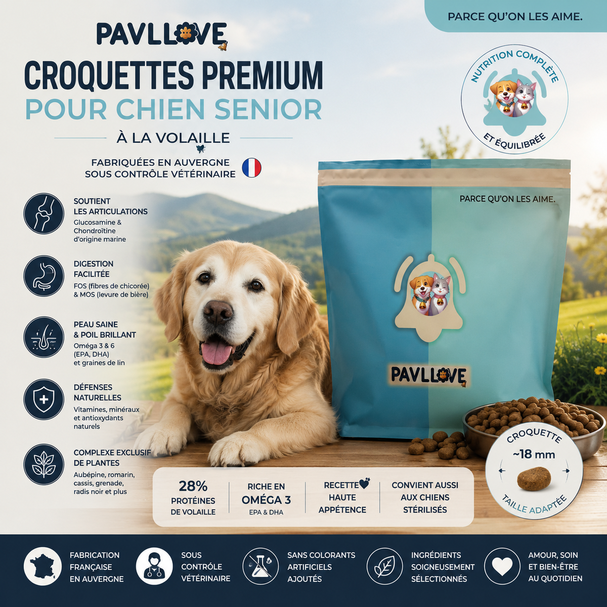 Croquettes PAVLLOVE Premium pour chien senior à la volaille, aliment complet fabriqué en France sous contrôle vétérinaire pour chiens âgés.