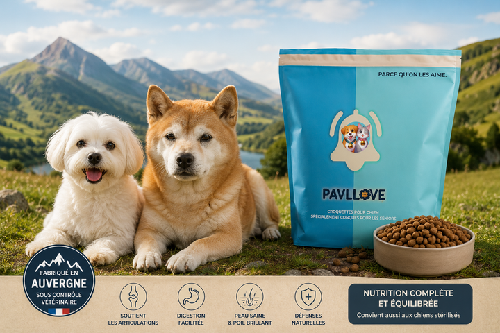 Croquettes premium françaises PAVLLOVE pour chiens seniors, alimentation complète favorisant le confort articulaire et le vieillissement en bonne santé.