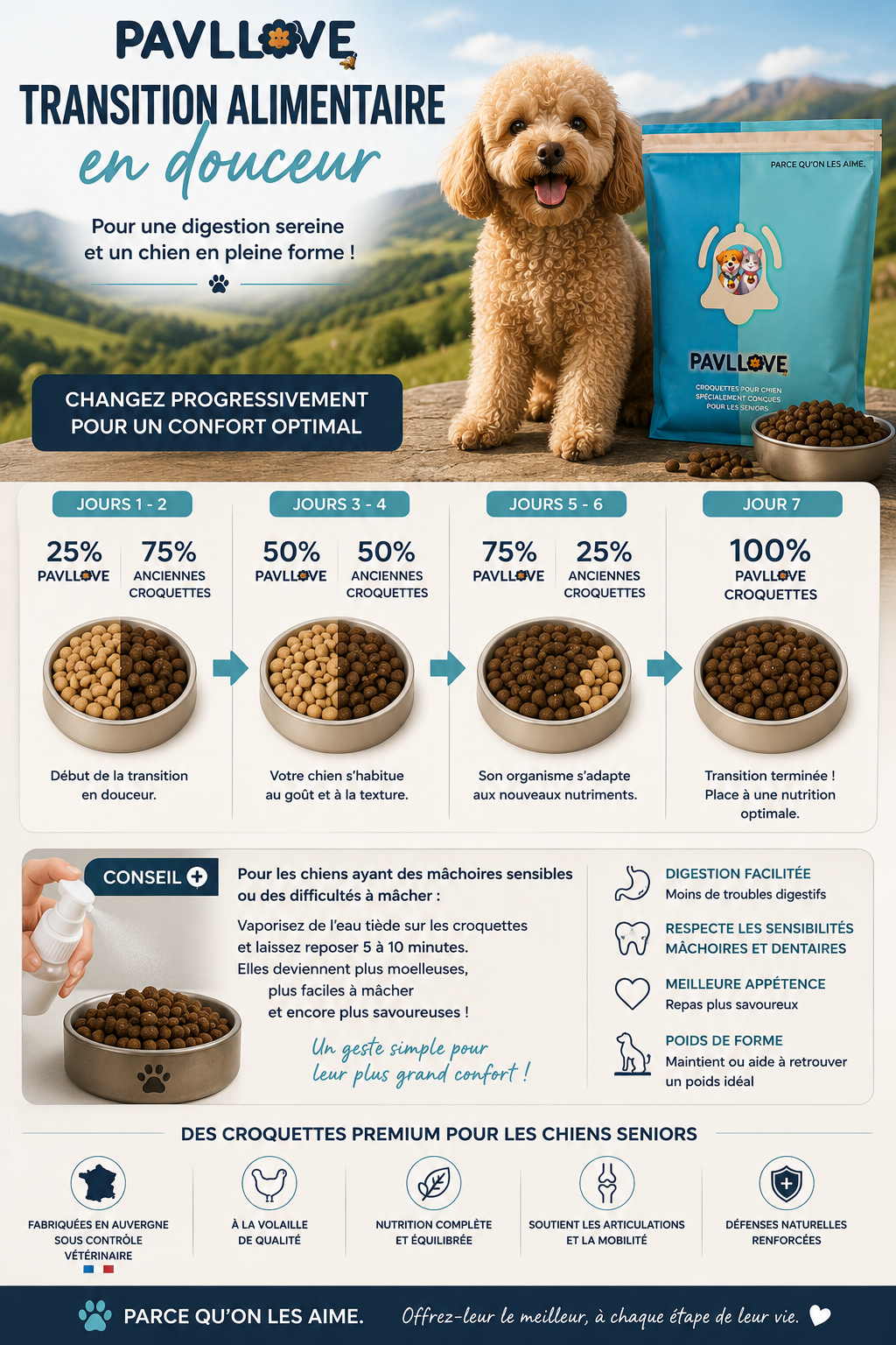 Sac de croquettes haut de gamme PAVLLOVE pour chien senior, recette française à la volaille enrichie en oméga 3 pour un pelage brillant et une bonne vitalité.