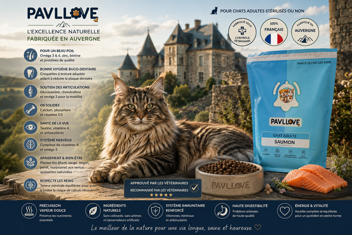 Croquettes françaises pour chat adulte élaborées avec du saumon