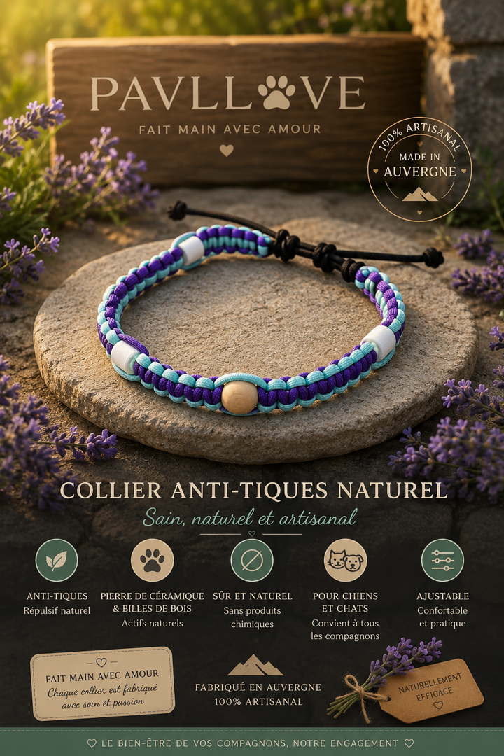 Collier Anti-Tiques & Antiparasitaire Naturel Chien et Chat, Fait Main en France, Perles de Céramique EM (Gamme Tréssée) ⭐⭐⭐⭐⭐ - Pavllove