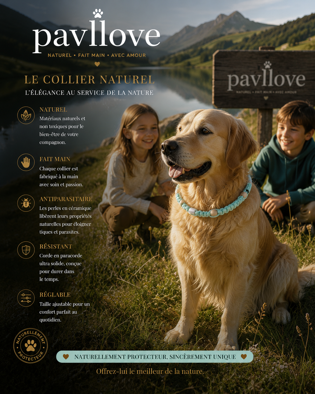 Collier Torsade bleu clait Anti-Tiques Naturel, Antiparasitaire avec Perles de Céramique EM ⭐⭐⭐⭐⭐ - Pavllove