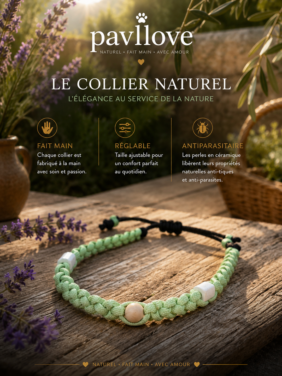 Collier vert Torsadé Anti-Tiques Naturel, Antiparasitaire avec Perles de Céramique EM ⭐⭐⭐⭐⭐ - Pavllove