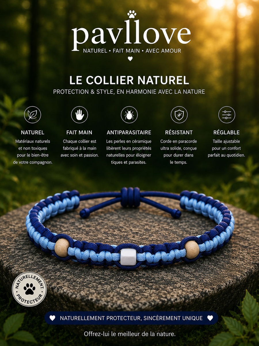 Colliers bleu Anti-Tiques & Antiparasitaire Naturel (Tréssée) avec Perles de céramique EM ⭐⭐⭐⭐⭐ - Pavllove