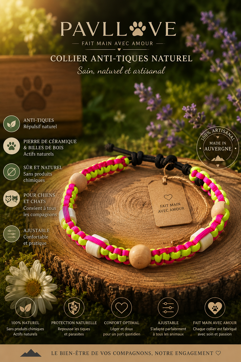Collier Anti-Tiques & Antiparasitaire Naturel Chien et Chat, Fait Main en France, Perles de Céramique EM (Gamme Tréssée) ⭐⭐⭐⭐⭐ - Pavllove