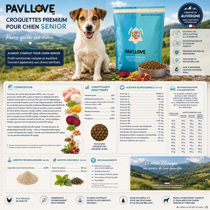 Croquettes PAVLLOVE pour chien âgé, recette premium à la volaille fabriquée en France avec prébiotiques FOS et MOS pour une digestion optimale.