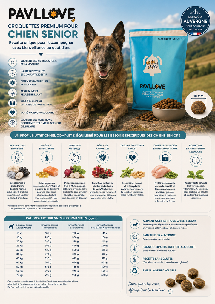Sac de croquettes premium PAVLLOVE pour chien senior à la volaille, recette française riche en protéines pour soutenir la vitalité et les articulations.