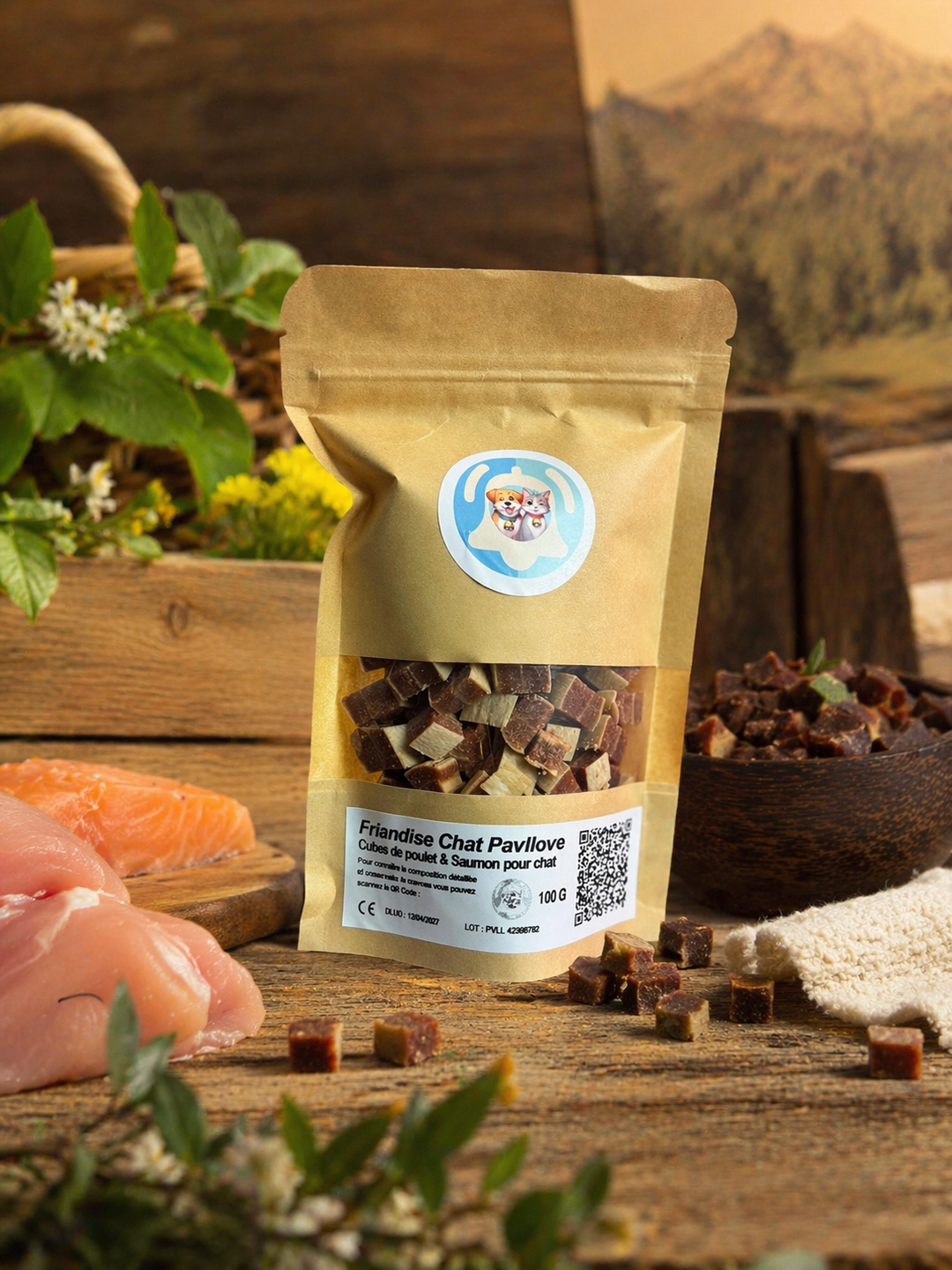 Cubes Poulet & Saumon pour chat 100g ⭐⭐⭐⭐⭐ - Pavllove