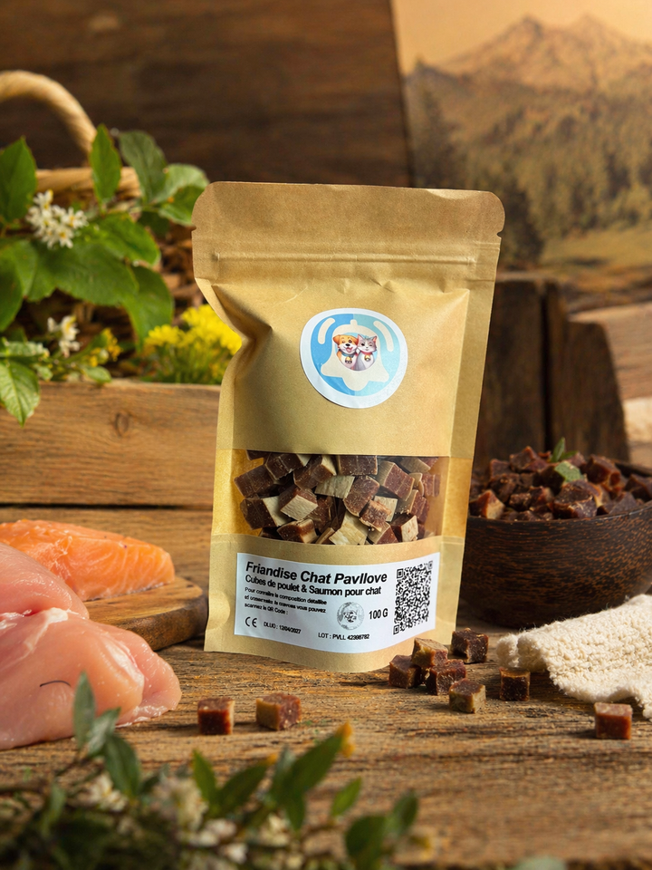Cubes Poulet & Saumon pour chat 100g ⭐⭐⭐⭐⭐ - Pavllove