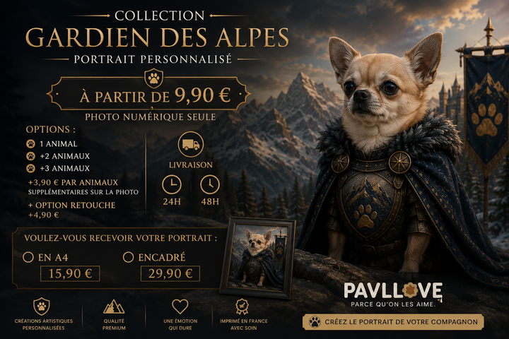 Portrait personnalisé de votre chien ou chat (Thème Gardien des Alpes) - Pavllove