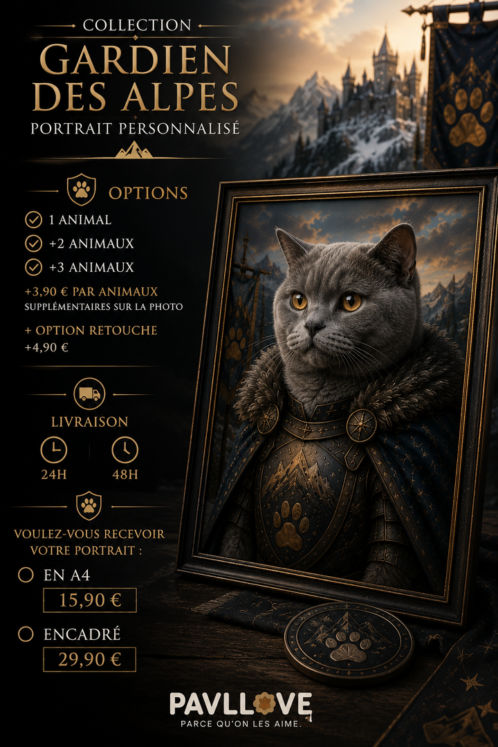 Portrait personnalisé de votre chien ou chat (Thème Gardien des Alpes) - Pavllove