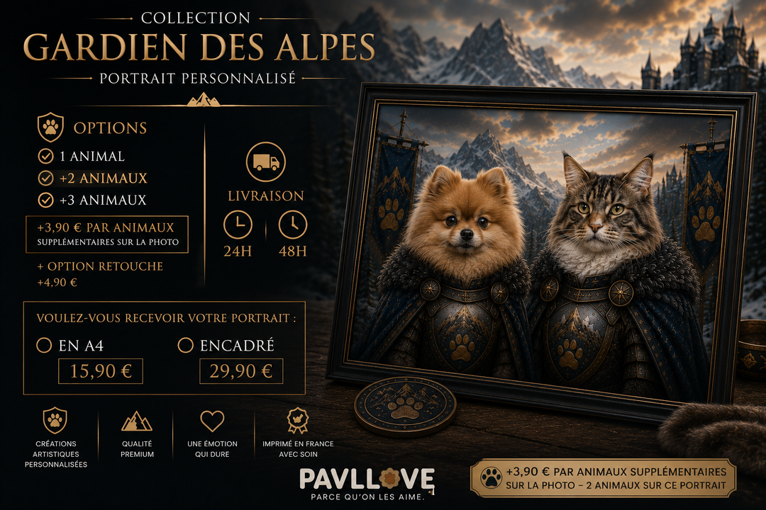 Portrait personnalisé de votre chien ou chat (Thème Gardien des Alpes) - Pavllove