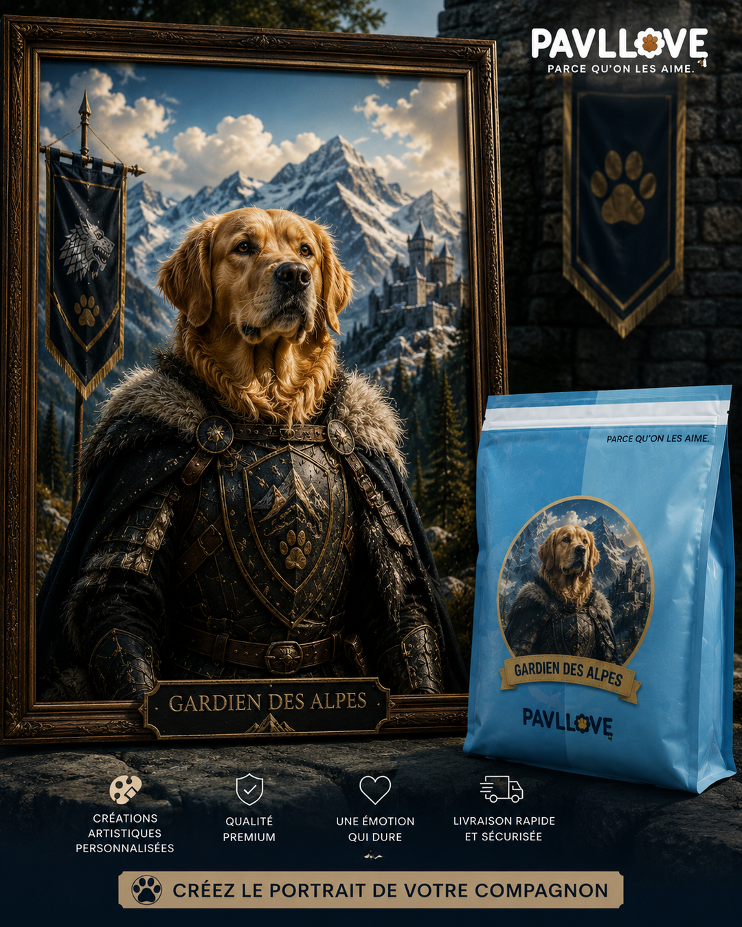Portrait personnalisé de votre chien ou chat (Thème Gardien des Alpes) - Pavllove
