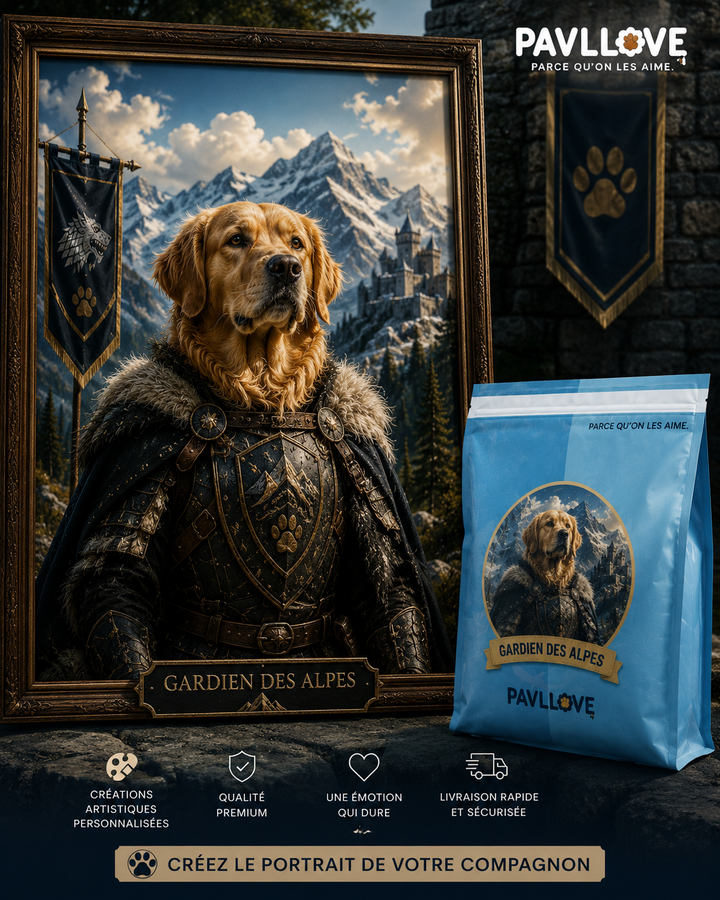 Portrait personnalisé de votre chien ou chat (Thème Gardien des Alpes) - Pavllove