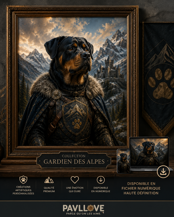 Portrait personnalisé de votre chien ou chat (Thème Gardien des Alpes) - Pavllove