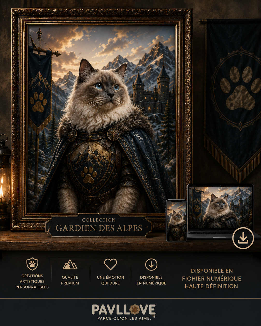 Portrait personnalisé de votre chien ou chat (Thème Gardien des Alpes) - Pavllove