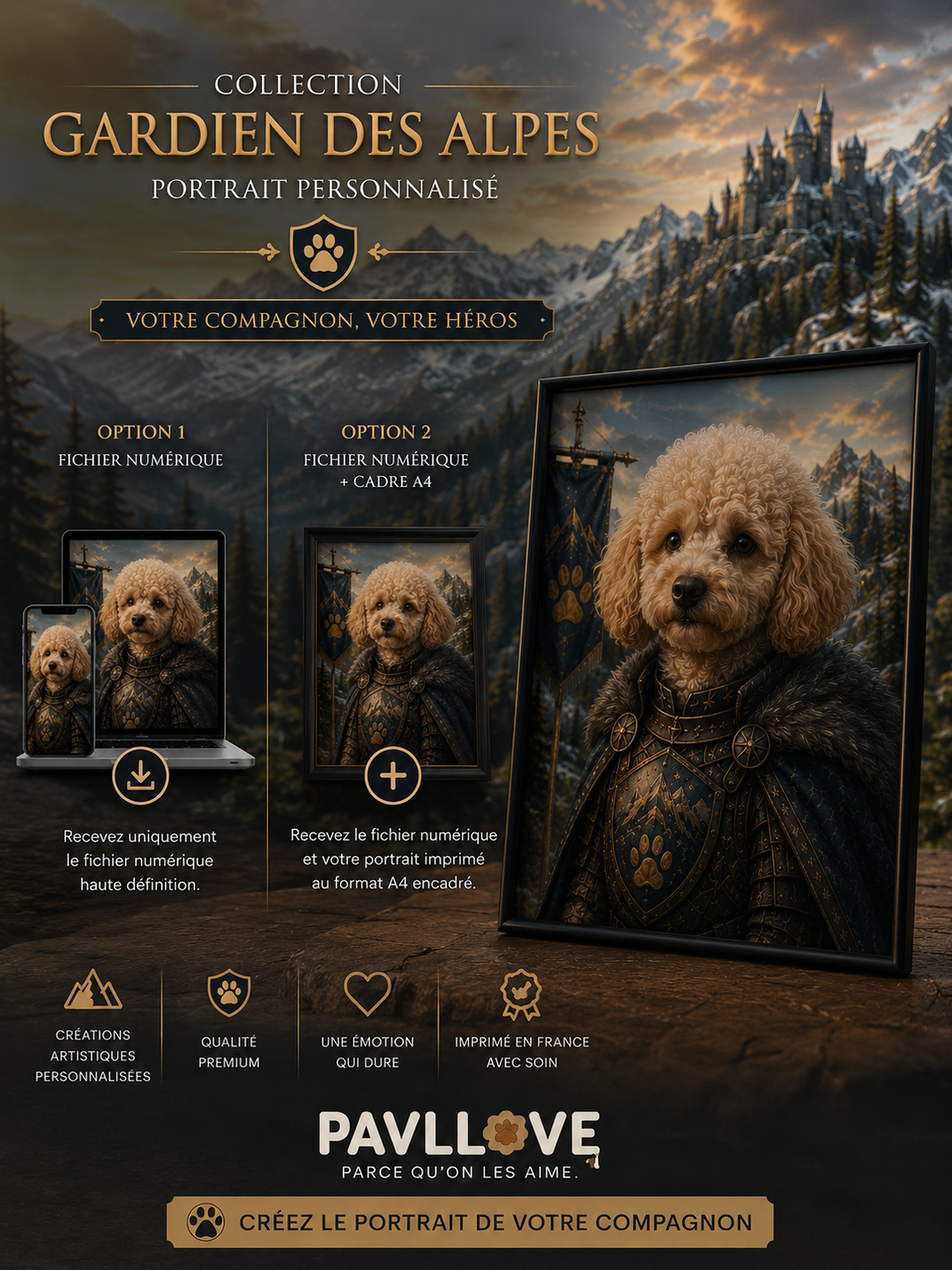 Portrait personnalisé de votre chien ou chat (Thème Gardien des Alpes) - Pavllove