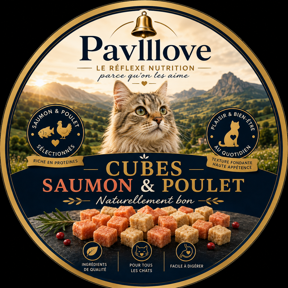 Cubes Poulet & Saumon pour chat 100g ⭐⭐⭐⭐⭐ - Pavllove