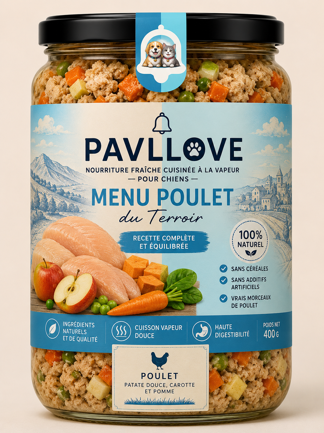 Repas complet au poulet pour chien avec viande fraîche, légumes visibles et recette naturelle en bocal en verre PAVLLOVE®.