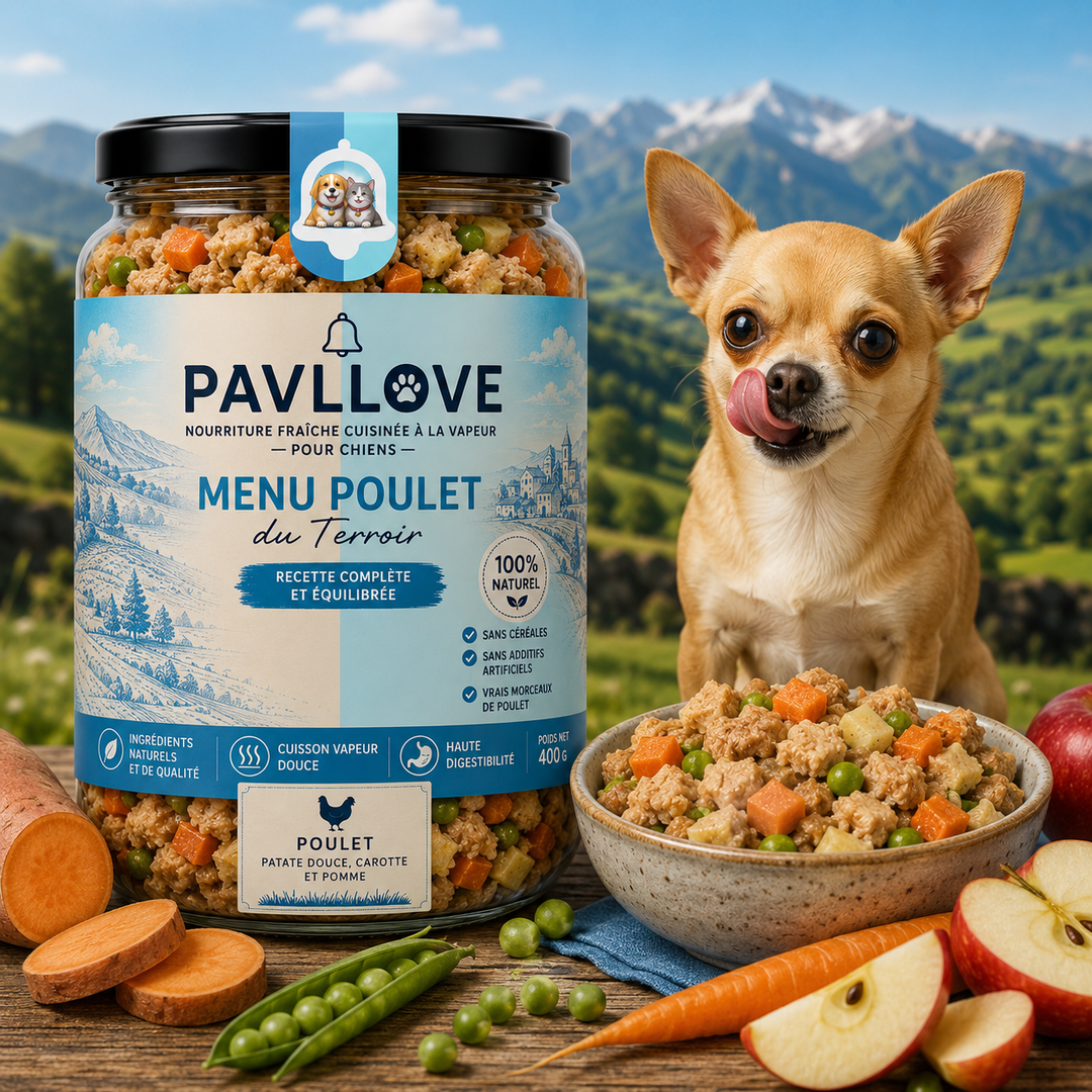 Plat cuisiné pour chien au poulet PAVLLOVE® 400 g, aliment complet premium sans céréales avec viande fraîche de poulet, légumes et cuisson vapeur douce.