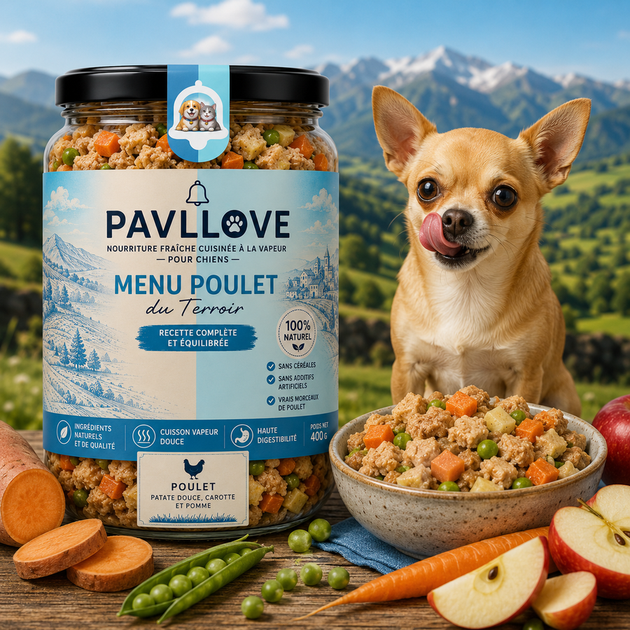 Plat cuisiné pour chien au poulet PAVLLOVE® 400 g, aliment complet premium sans céréales avec viande fraîche de poulet, légumes et cuisson vapeur douce.