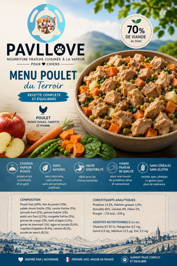Nourriture naturelle au poulet pour chien PAVLLOVE®, plat cuisiné avec viande fraîche, légumes et ingrédients de qualité alimentaire.