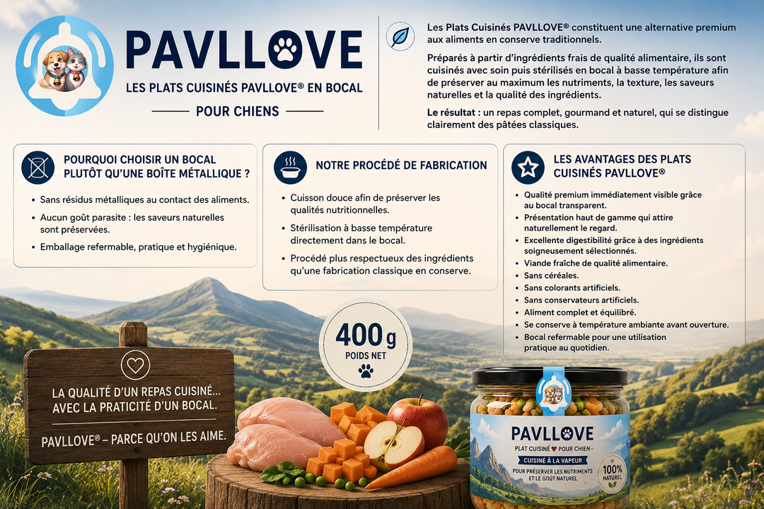 Menu Poulet PAVLLOVE® en bocal en verre, repas complet naturel pour chien avec vrais morceaux de poulet et légumes.