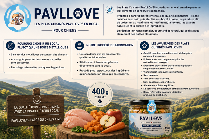 Menu Poulet PAVLLOVE® en bocal en verre, repas complet naturel pour chien avec vrais morceaux de poulet et légumes.