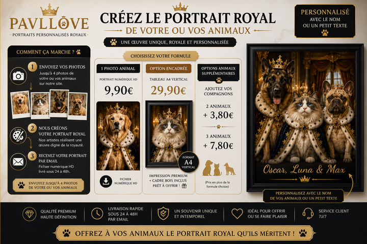 Portrait personnalisé de votre chien ou chat (Thème Royal) - Pavllove