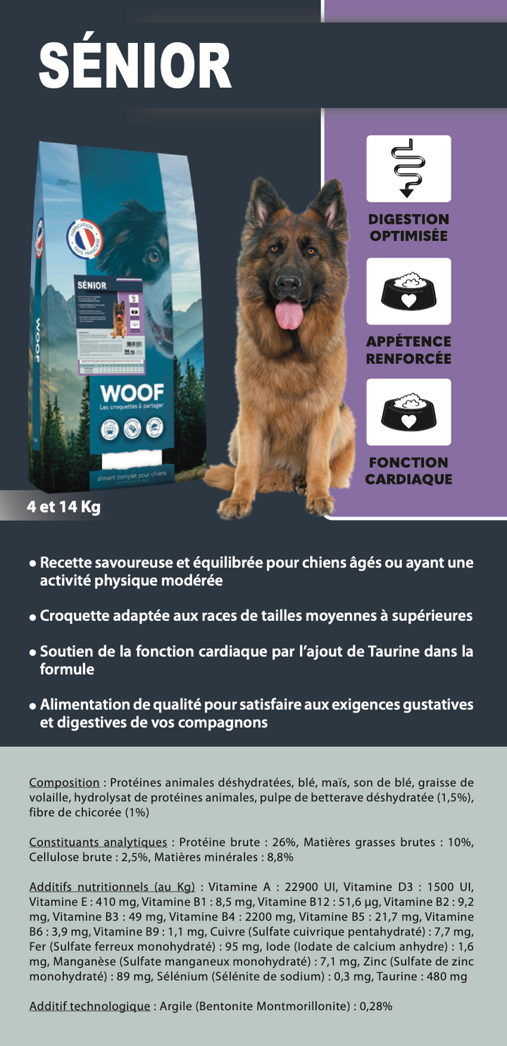 Croquettes WOOF SENIOR 14 kg – Alimentation complète pour chiens âgés, digestion & vitalité - Pavllove